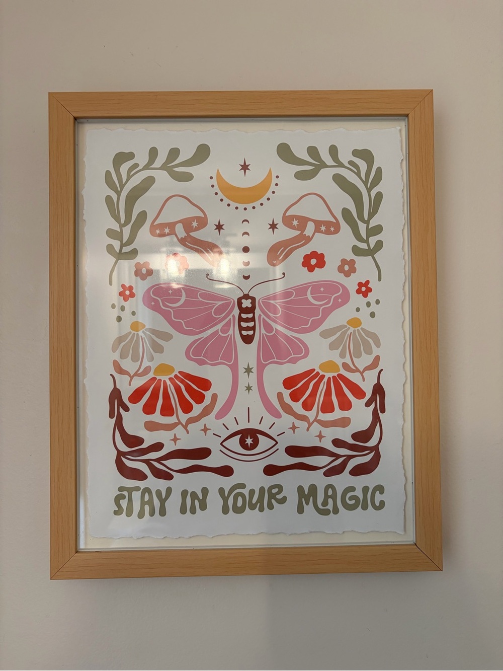 Stay In Your Magic Framed Art Print - Pink & Red Moth